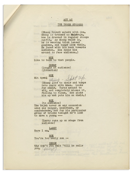 Moe Howard's 50pp. Script of Texaco Star Theater Starring Milton Berle & The Three Stooges With Shemp -- First Draft From 1948 Annotated by Moe With His Signatures -- 8.5 x 11 -- Very Good